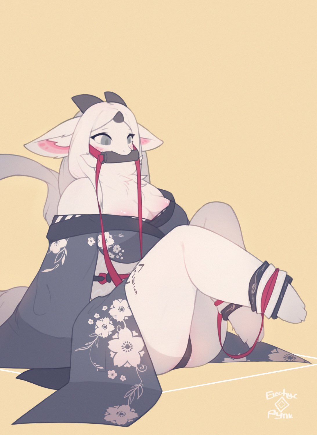 2019 anthro bare_shoulders bdsm bit_gag blush bondage bound breasts clothing digital_media_(artwork) dragon electrycpynk female fur furred_dragon gag gagged grey_eyes hi_res horn inner_ear_fluff japanese_clothing kimono legcuffs neck_tuft reins signature simple_background sitting solo tail_tuft tuft white_fur