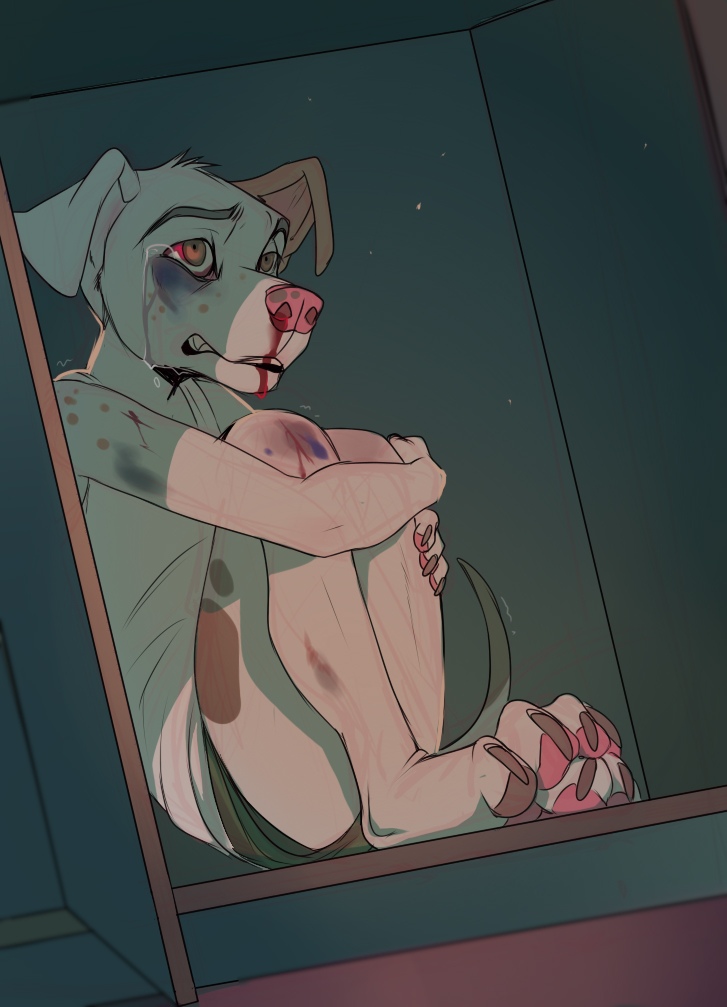 2018 anthro barefoot beaten black_eye_(disambiguation) blood bodily_fluids canid canine canis clothed clothing detailed_background digital_media_(artwork) domestic_dog drmax fur male mammal sitting solo tears white_fur wounded young