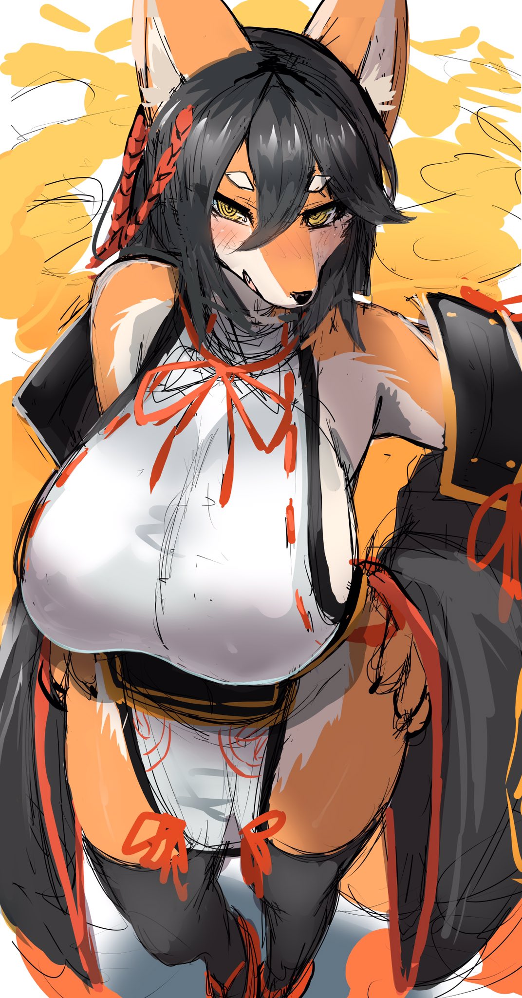 abstract_background anthro armwear big_breasts black_hair blush breasts canid canine chinese_clothing chinese_dress clothing cute_fangs detached_sleeves dress female footwear fox full_bokko_heroes_x fullbokko_heroes fur geta hair hands_on_hips hi_res high-angle_view japanese_clothing kemono legwear mammal multicolored_fur nukochi ogigayatsu_sadamasa_(full_bokko_heroes_x) ogigayatsu_sadamasa_(fullbokko_heroes) open_mouth orange_fur red_fox smile solo stockings two_tone_fur white_fur yellow_eyes