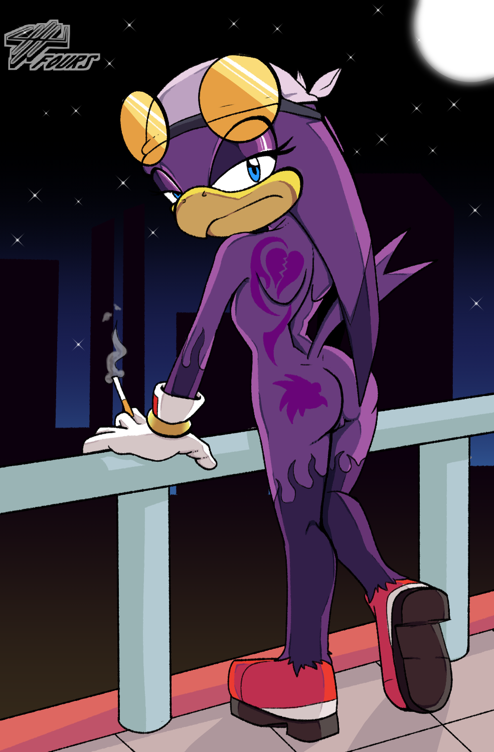 avian balcony bird cigarette city clothing eyewear female footwear fours_(artist) glasses hi_res looking_at_viewer night nude outside shoes sonic_(series) sonic_riders wave_the_swallow