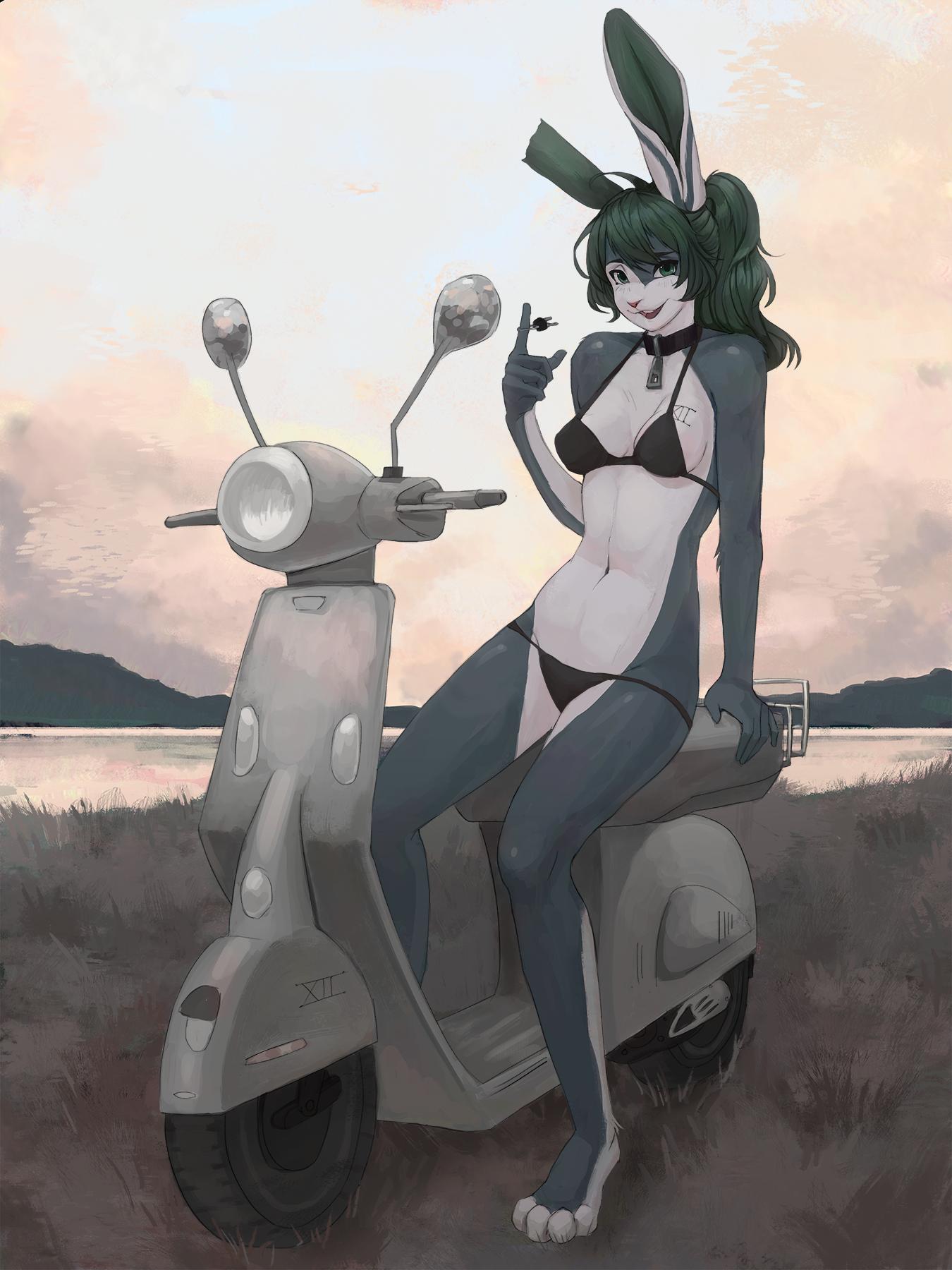 3:4 animal_humanoid bikini breasts clothed clothing collar day female grass green_eyes hi_res humanoid keys lagomorph lagomorph_humanoid lapinou leporid_humanoid long_ears looking_at_viewer mammal mammal_humanoid navel open_mouth open_smile outside ponytail rabbit_humanoid scooter sitting sky smile solo swimwear water white_belly