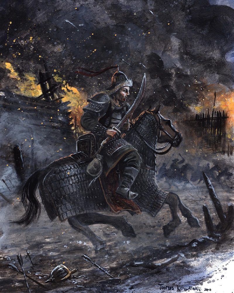 2018 4:5 5_fingers ambiguous_gender armor arrow battlefield biped detailed_background dirt duo_focus equid equine fingers fire group headgear helmet holding_object holding_weapon hooves horse horseback_riding human male mammal melee_weapon quadruped running side_view signature silhouette smoke soldier sword traditional_media_(artwork) tuomas_koivurinne weapon