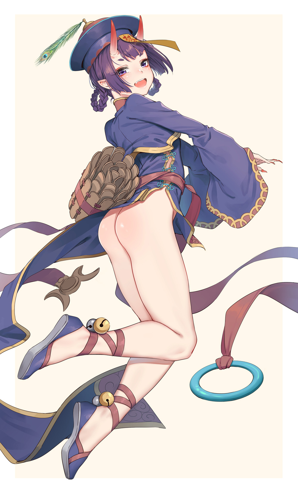 ankle_lace-up ass bell belt braid chinese_clothes commentary_request cross-laced_footwear eyeshadow fang fangxiang_cuoluan fate/grand_order fate_(series) fingernails hat highres jiangshi jingle_bell long_fingernails makeup no_panties ofuda oni_horns open_mouth pelvic_curtain pointy_ears purple_hair red_nails sash shaved_eyebrow short_hair shuten_douji_(fate/grand_order) simple_background solo twin_braids