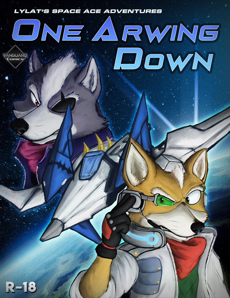 airwing anthro black_nose canid canine canis cheek_tuft clenched_teeth clothing comic coreguardian cover cover_page duo fox fox_mccloud fur fur_tuft green_clothing green_eyes grey_fur looking_at_viewer male mammal multicolored_fur neckerchief nintendo red_clothing red_eyes scouter space star_fox tan_fur teeth tuft two_tone_fur video_games wolf wolf_o'donnell ximorexx