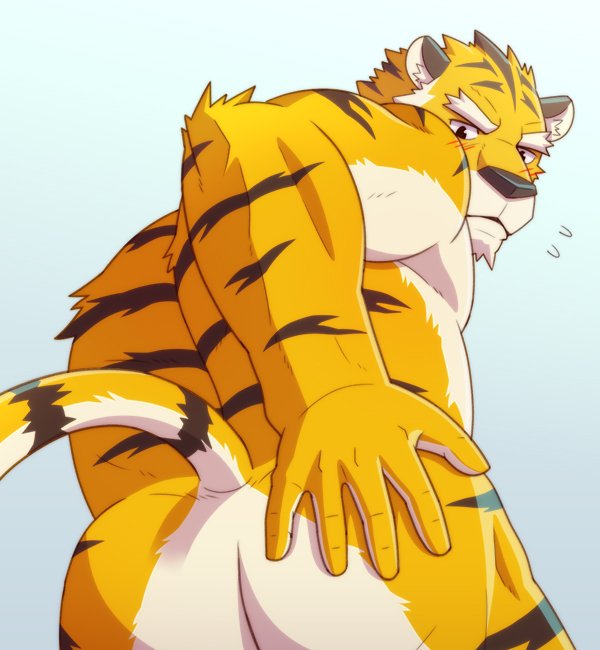 abs blush butt colored felid invalid_tag jacklantern_11 looking_at_viewer male mammal muscular nude pantherine pecs presenting presenting_hindquarters simple_background solo tiger