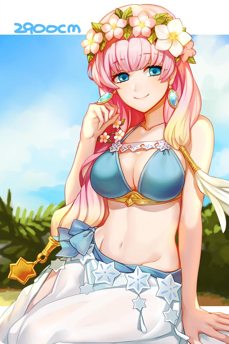 1girl 2900cm artist_name bikini blonde_hair blue_eyes blue_sky breasts cleavage closed_mouth cloud day earrings fire_emblem fire_emblem_heroes gradient_hair gunnthra_(fire_emblem) head_wreath highres jewelry large_breasts long_hair multicolored_hair outdoors pink_hair sarong sitting sky smile solo swimsuit