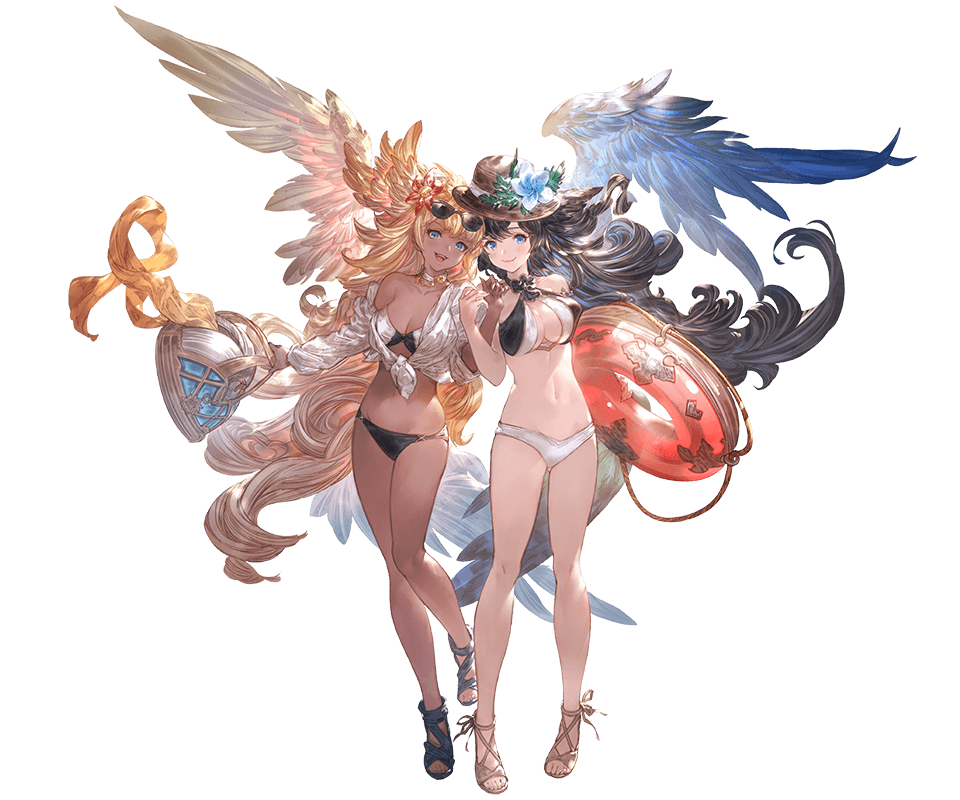2girls :d alpha_transparency bandeau bare_legs bare_shoulders bikini black_hair blonde_hair blue_eyes blush breasts choker cleavage closed_mouth curly_hair dark_skin eyewear_on_head feathered_wings flower full_body granblue_fantasy harut_(granblue_fantasy) hat hat_flower head_wings innertube large_breasts long_hair looking_at_viewer marut_(granblue_fantasy) minaba_hideo multiple_girls navel off_shoulder official_art open_mouth sandals shirt smile standing sunglasses swimsuit tied_shirt transparent_background very_long_hair wings