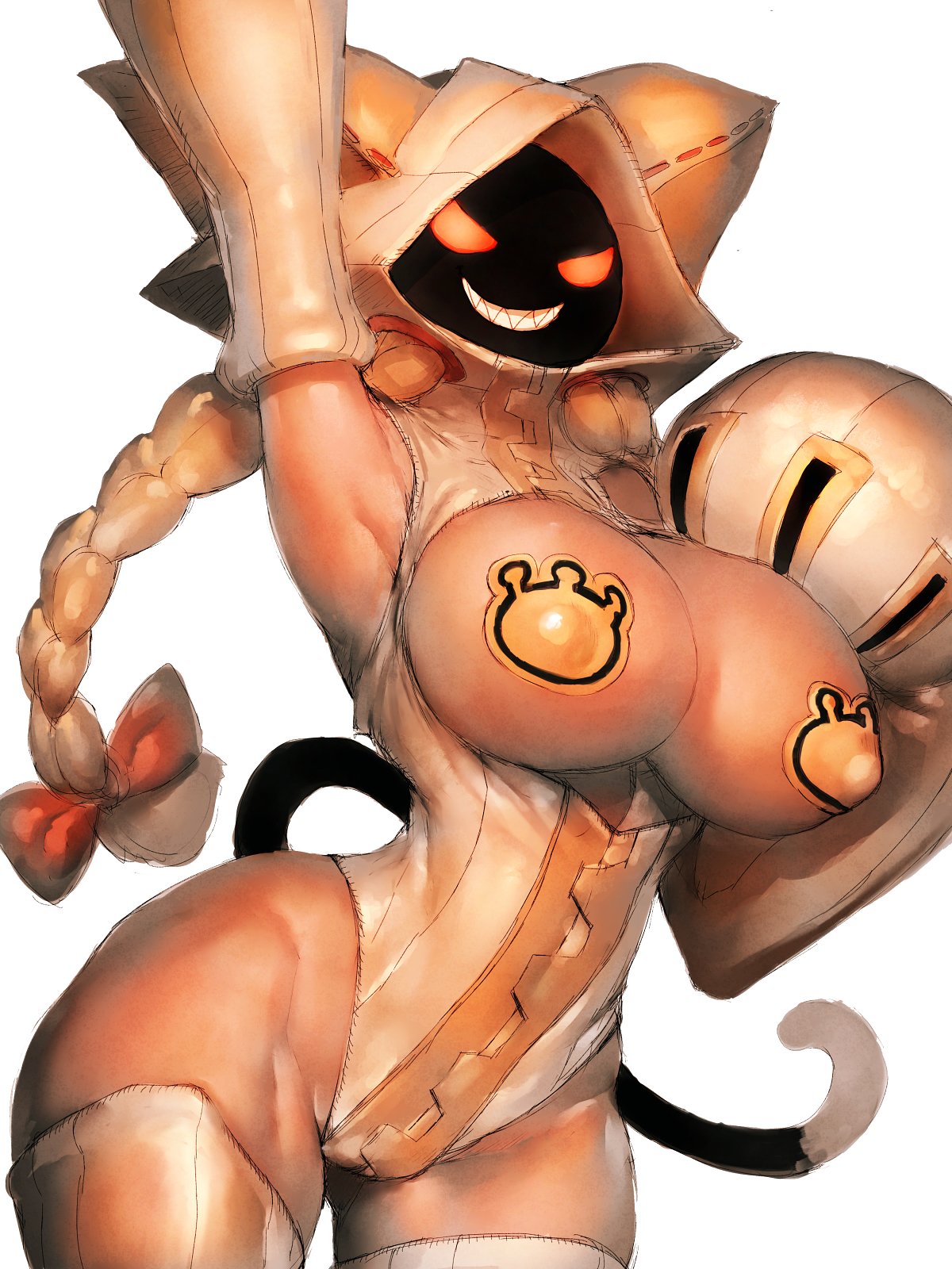 1girl animal_ears arm_up armpits blazblue braid breasts cat_ears cat_pasties cat_tail commentary_request covered_nipples dark_skin fumio_(rsqkr) grin highres hood hoodie large_breasts long_hair looking_at_viewer pasties red_eyes sharp_teeth simple_background smile solo tail taokaka teeth thick_thighs thighhighs thighs twin_braids very_long_hair white_background white_legwear wide_hips