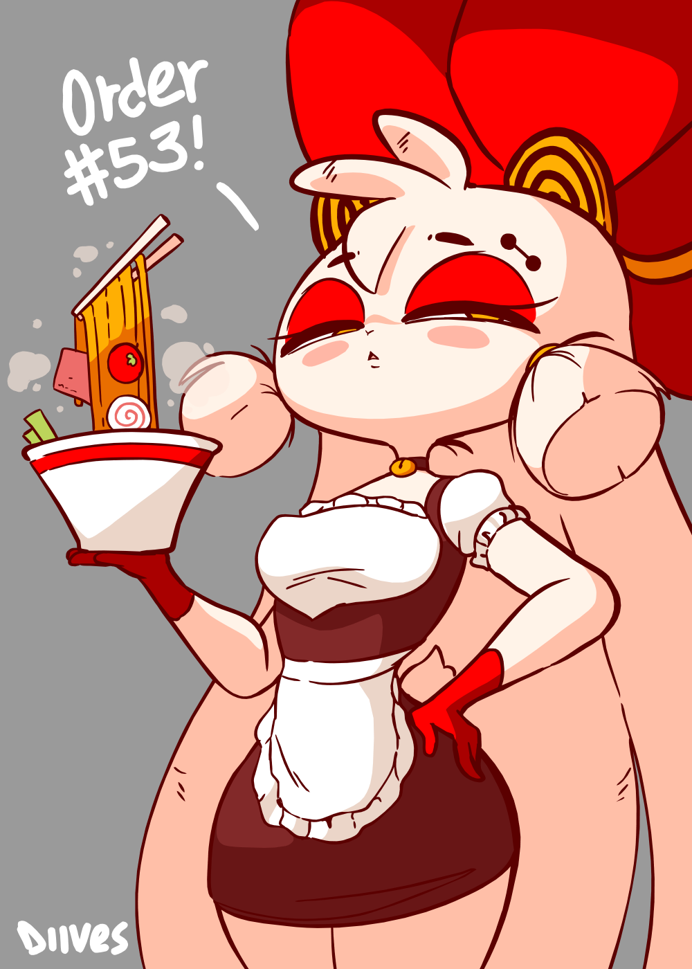 ! anthro bell_collar biped black_eyebrows cheek_tuft clothing collar dialogue digital_media_(artwork) diives eyebrow_piercing eyebrows eyelashes facial_piercing female food fur gloves_(marking) hair hand_on_hip hi_res holding_food holding_object lagomorph leporid long_ears long_hair looking_at_viewer maid_uniform mammal markings miantiao piercing portrait rabbit red_ears signature solo squint text three-quarter_portrait tuft uniform white_fur white_hair xingzuo_temple yellow_eyes