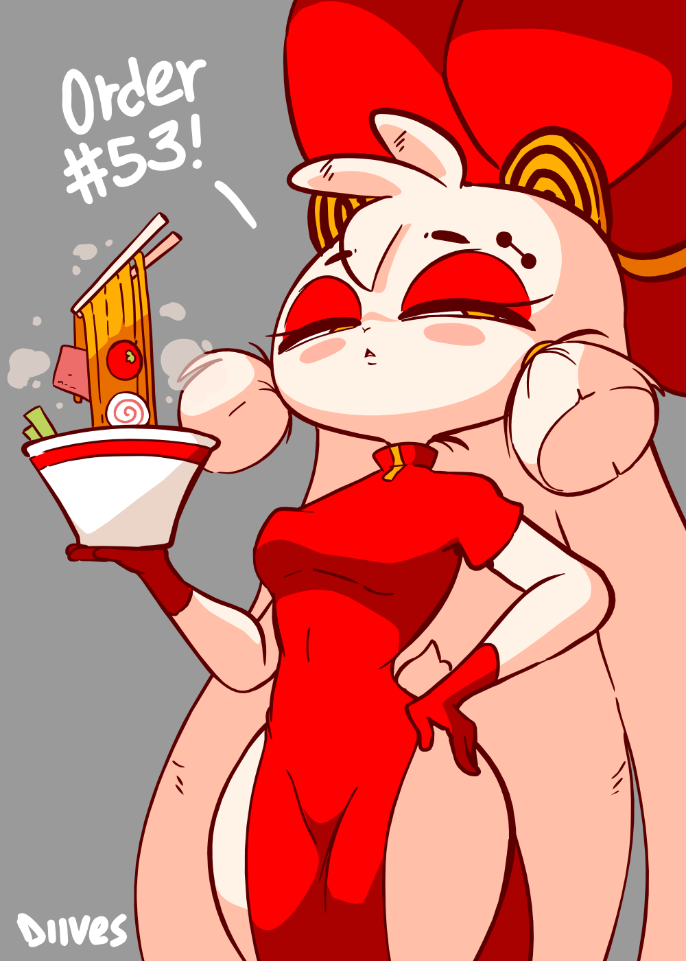 ! anthro biped black_eyebrows cheek_tuft chinese_clothing chinese_dress clothing dialogue digital_media_(artwork) diives dress eyebrow_piercing eyebrows eyelashes facial_piercing female food fur gloves_(marking) hair hand_on_hip hi_res holding_food holding_object lagomorph leporid long_ears long_hair looking_at_viewer mammal markings miantiao piercing portrait rabbit red_ears signature solo squint text three-quarter_portrait tuft white_fur white_hair xingzuo_temple yellow_eyes