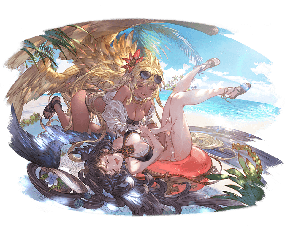 2girls alpha_transparency bangs beach bikini black_bikini black_hair black_wings blonde_hair blue_sky blush breasts cleavage closed_eyes cloud curly_hair dark_skin day eyewear_on_head fangs feathered_wings flower full_body granblue_fantasy hair_flower hair_ornament harut_(granblue_fantasy) head_wings innertube large_breasts long_hair lying minaba_hideo multiple_girls ocean official_art on_back open_mouth outdoors palm_tree red_flower sandals sky smile sunglasses swimsuit transparent_background tree very_long_hair wet white_bikini wings