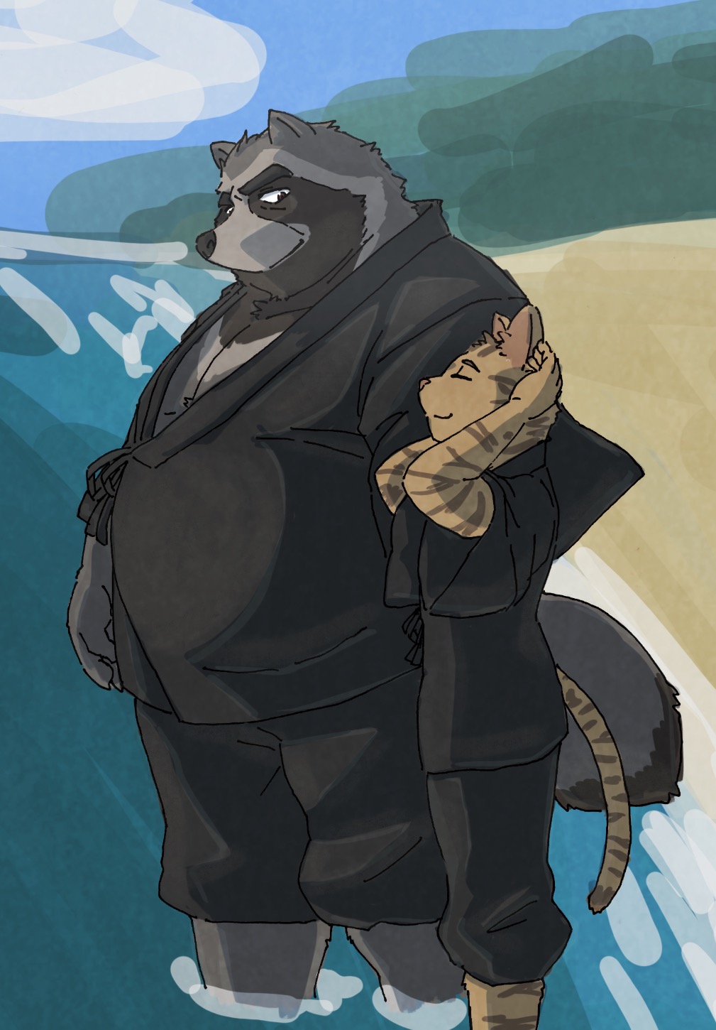 2018 anthro beach bottomwear canid canine clothing duo felid feline hi_res humanoid_hands male mammal overweight overweight_male pants raccoon_dog rentcg robe seaside tanuki water