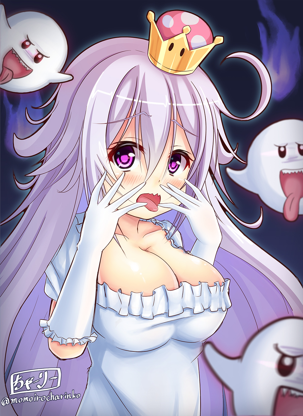 1girl artist_name blush breasts cleavage commentary_request crown dress eyebrows_visible_through_hair frills ghost gloves hair_between_eyes highres jewelry large_breasts long_hair looking_at_viewer mario_(series) momoirocharinko monster_girl princess_king_boo purple_eyes sharp_teeth super_crown teeth tongue tongue_out white_dress white_gloves