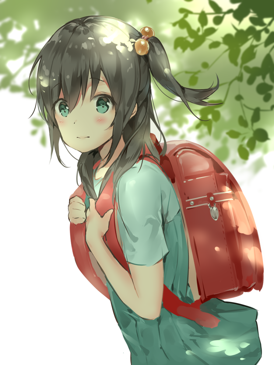 1girl backpack bag bangs black_hair blue_dress blue_eyes blush closed_mouth commentary dress eyebrows_visible_through_hair hair_between_eyes hair_bobbles hair_ornament hands_up highres hinako_(anzu15) holding_strap looking_at_viewer looking_to_the_side one_side_up original randoseru short_sleeves sidelocks solo white_background