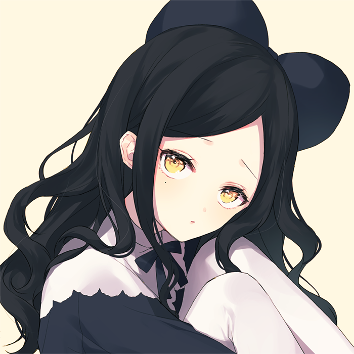 1girl bangs beige_background black_bow black_dress black_hair blush bow closed_mouth dress eyebrows_visible_through_hair forehead hair_bow knees_up long_hair looking_at_viewer mole mole_under_eye original pantyhose parted_bangs silltare simple_background sitting solo white_legwear yellow_eyes