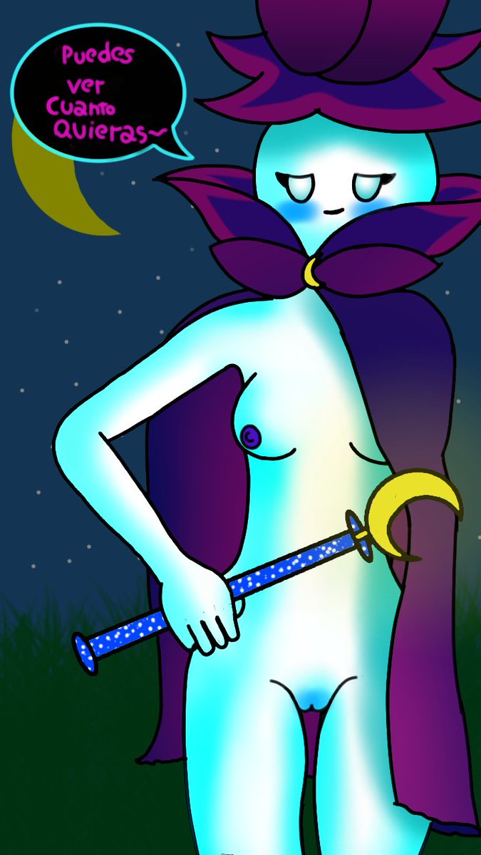 2019 alternate_species blue_skin blush breasts cape clothed clothing crisus digital_media_(artwork) electronic_arts eyelashes female flora_fauna flower flower_humanoid grass half-closed_eyes hi_res holding_object humanoid humanoidized living_flower moon moonflower_(pvz) night nipples not_furry plant plant_humanoid plants_vs._zombies popcap_games pussy smile solo spanish_text star text video_games