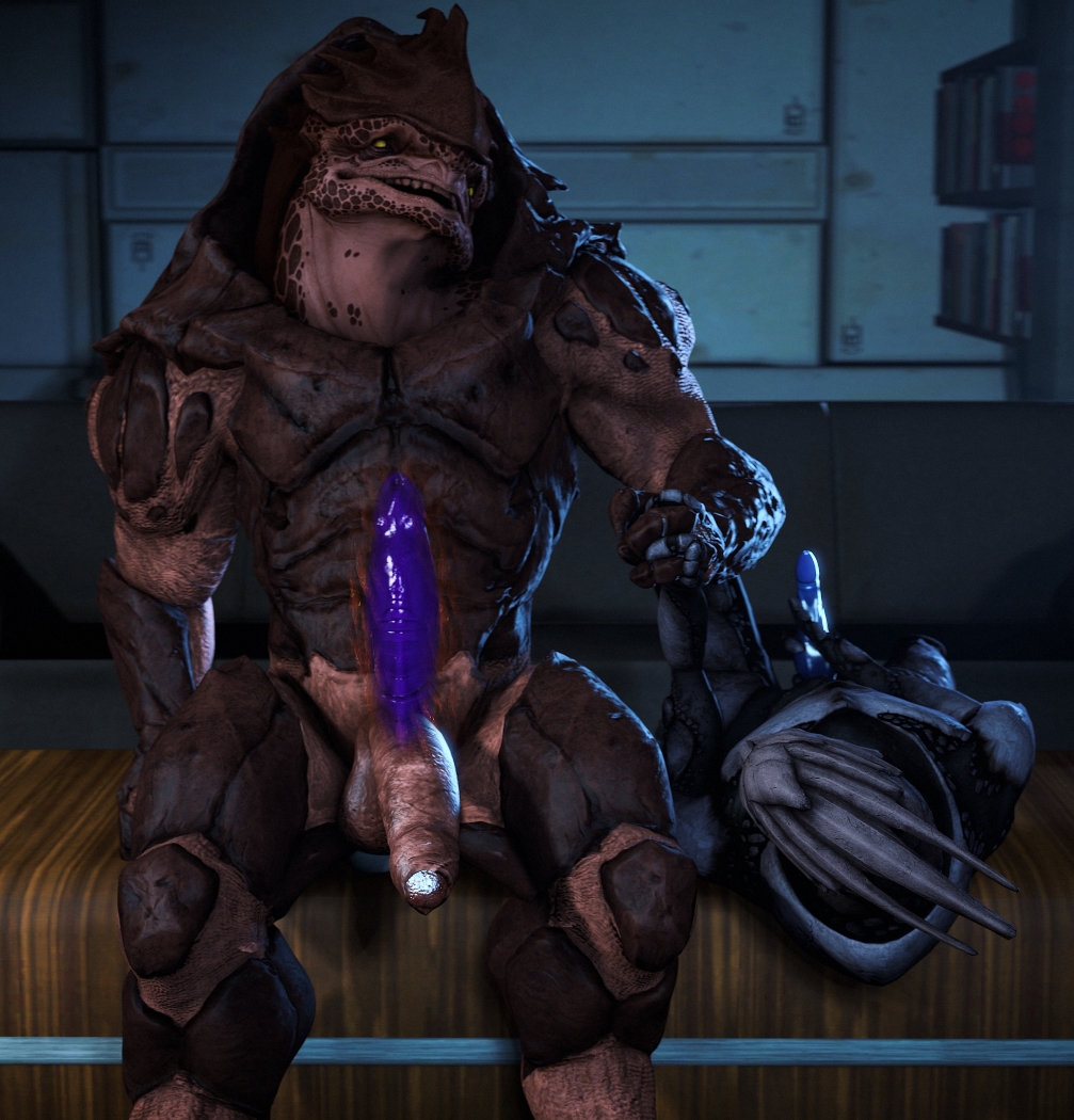 alien anal anal_masturbation balls dildo dildo_sitting erection hand_holding krogan looking_pleasured lying male male/male mass_effect masturbation multi_balls penetration penile penile_masturbation penis rooking sex_toy sitting smile toying_self turian uncut video_games