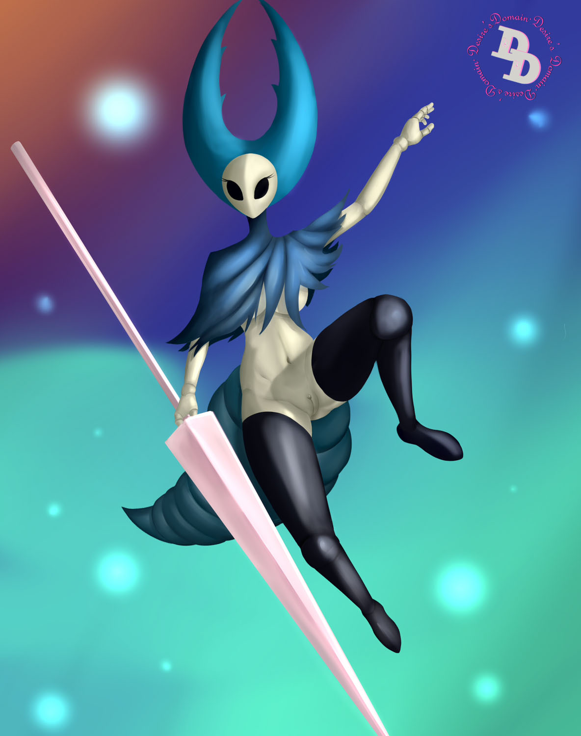 2019 anthro arthropod arthropod_abdomen big_breasts black_eyes breasts clothed clothing desire's_domain digital_media_(artwork) featureless female hi_res hollow_knight insect mantis mantis_lord non-mammal_breasts nude pussy simple_background solo video_games weapon