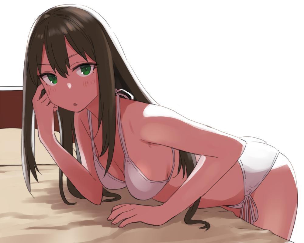 1girl bed bent_over bikini breasts brown_hair commentary_request green_eyes hanging_breasts idolmaster idolmaster_cinderella_girls long_hair looking_at_viewer medium_breasts parted_lips shibuya_rin side-tie_bikini solo swimsuit white_bikini yu_65026