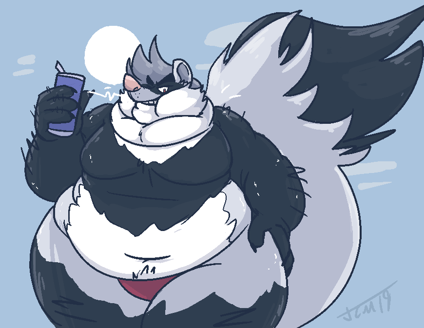 anthro belly beverage big_belly black_fur cameron_fodder chubby_cheeks claws clothed clothing domestic_ferret facial_markings fur grey_fur grin hand_on_hip head_markings holding_beverage holding_object kikatsu love_handles male mammal markings moobs mustela mustelid musteline navel obese obese_male outside overweight overweight_male skimpy smile solo speedo swimwear teeth thick_thighs topless whiskers white_fur wide_hips