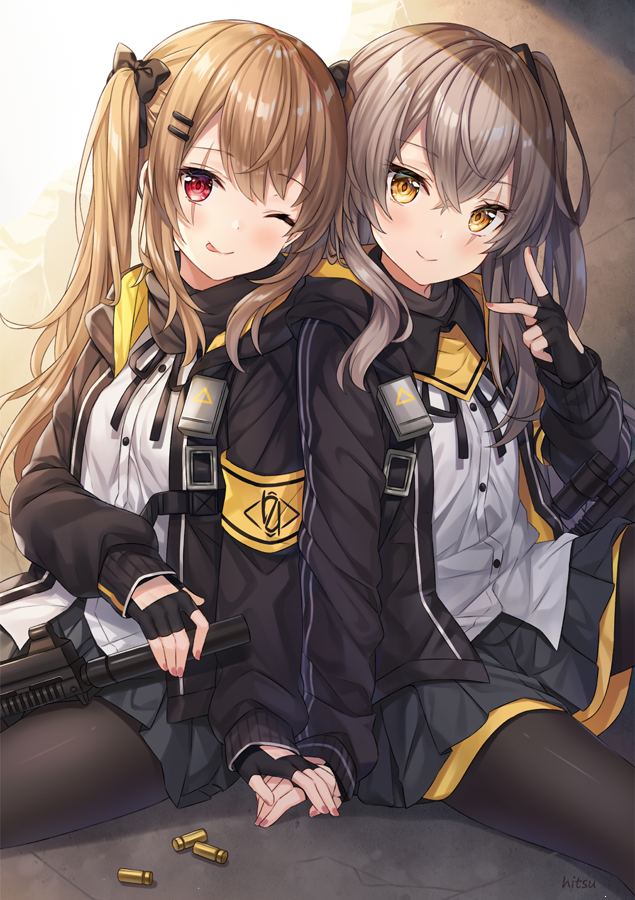 2girls :p ;) bangs black_bow black_gloves black_jacket black_legwear black_ribbon black_skirt blush bow brown_eyes brown_hair bullet_casing closed_mouth commentary dress_shirt eyebrows_visible_through_hair fingerless_gloves fingernails girls_frontline gloves gun h&amp;k_ump9 hair_between_eyes hair_bow hair_ornament hairclip hands_together head_tilt hitsukuya jacket long_hair long_sleeves looking_at_viewer multiple_girls object_namesake one_eye_closed one_side_up open_clothes open_jacket pantyhose pleated_skirt red_eyes ribbon scar scar_across_eye shirt sitting skirt sleeves_past_wrists smile submachine_gun tongue tongue_out twintails ump45_(girls_frontline) ump9_(girls_frontline) very_long_hair weapon white_shirt