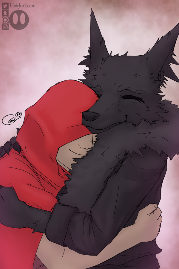 2018 anthro black_fur blokfort canid canine canis clothed clothing duo female fur hair hug human human_on_anthro humanoid_hands interspecies little_red(alfa_barf) little_red_riding_hood little_red_riding_hood_(copyright) male male_on_anthro mammal volfa_(alfa_barf) wolf