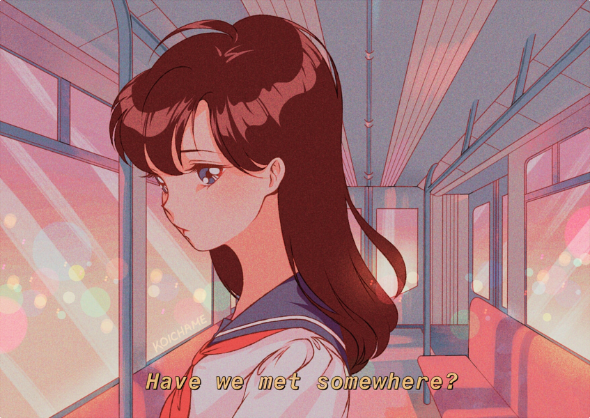 1girl 90s artist_name bangs blue_eyes blue_sailor_collar brown_hair commentary english_commentary english_text fake_screenshot from_side koichame long_hair looking_at_viewer looking_to_the_side neckerchief oldschool original portrait red_neckwear sailor_collar school_uniform serafuku solo subtitled train_interior