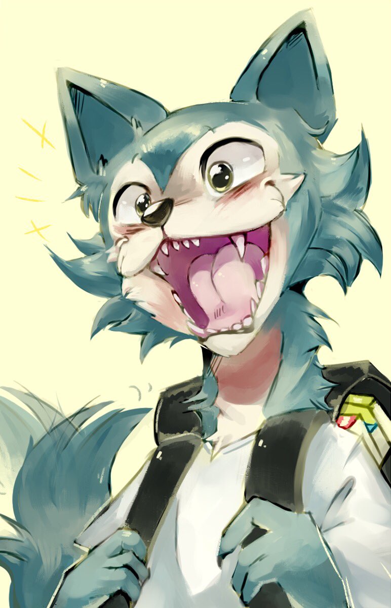 2019 anthro beastars black_nose blush canid canine canis fangs happy hi_res legosi_(beastars) male mammal open_mouth pkbunny solo tongue wolf