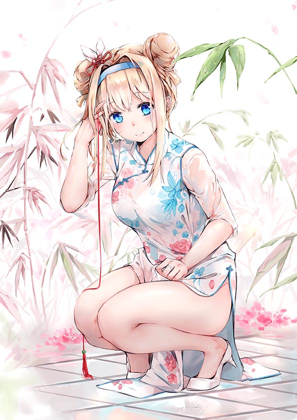 1girl bamboo bangs bare_legs blonde_hair blue_eyes blue_hairband blush breasts china_dress chinese_clothes closed_mouth commentary day double_bun dress earrings floral_print full_body girls_frontline glint hair_between_eyes hair_ornament hairband hand_in_hair high_heels hmw_(pixiv7054584) jewelry long_hair looking_at_viewer medium_breasts outdoors pelvic_curtain revision ring sidelocks snowflake_hair_ornament solo squatting string suomi_kp31_(girls_frontline) thighs wet wet_clothes white_footwear