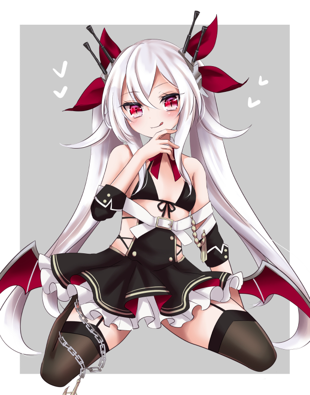 1girl :p anchor animal_print azur_lane belt bikini_top black_bikini_top black_bra black_dress bra breasts chain collar detached_collar dress fang front-tie_bikini front-tie_top garter_straps hair_between_eyes hair_ribbon low_wings motoi_ka red_eyes red_ribbon ribbon silver_hair small_breasts solo tongue tongue_out twintails underwear vampire_(azur_lane) white_belt white_collar wings