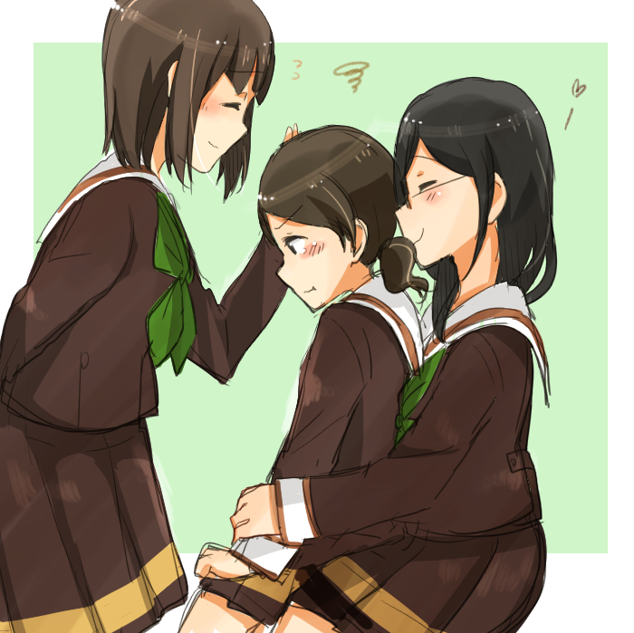 3girls :t black_hair blush brown_hair closed_eyes facing_another flying_sweatdrops glasses green_backpack green_neckwear hand_on_another's_head heart hibike!_euphonium long_hair long_sleeves looking_down low_twintails multiple_girls nakaseko_kaori ogasawara_haruka profile sailor_collar school_uniform short_hair sitting sitting_on_lap sitting_on_person sleeves_past_wrists smile squiggle tanaka_asuka tearing_up twintails wataru_(chirimenjako)