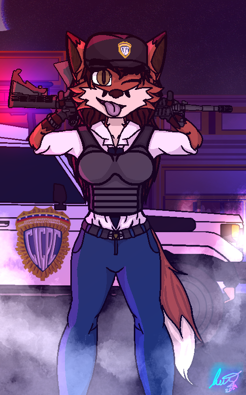 2019 anthro black_nose blaki_raiper breasts brown_hair canid canine car clothed clothing detailed detailed_background digital_media_(artwork) eyebrows female fingers fox fur gun hair hat headgear headwear long_hair looking_at_viewer mammal multicolored_fur night open_mouth open_smile pixel_(artwork) police ranged_weapon red_fur signature smile solo standing thick_eyebrows topwear vehicle venezuela vest weapon white_fur