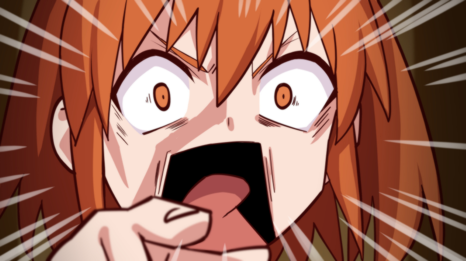 1girl angry bangs big_mouth blurry close-up depth_of_field emphasis_lines face fate/grand_order fate_(series) fujimaru_ritsuka_(female) hair_between_eyes kono_subarashii_sekai_ni_shukufuku_wo! one_side_up ono_misao open_mouth orange_eyes orange_hair parody pointing satou_kazuma shouting solo tongue v-shaped_eyebrows