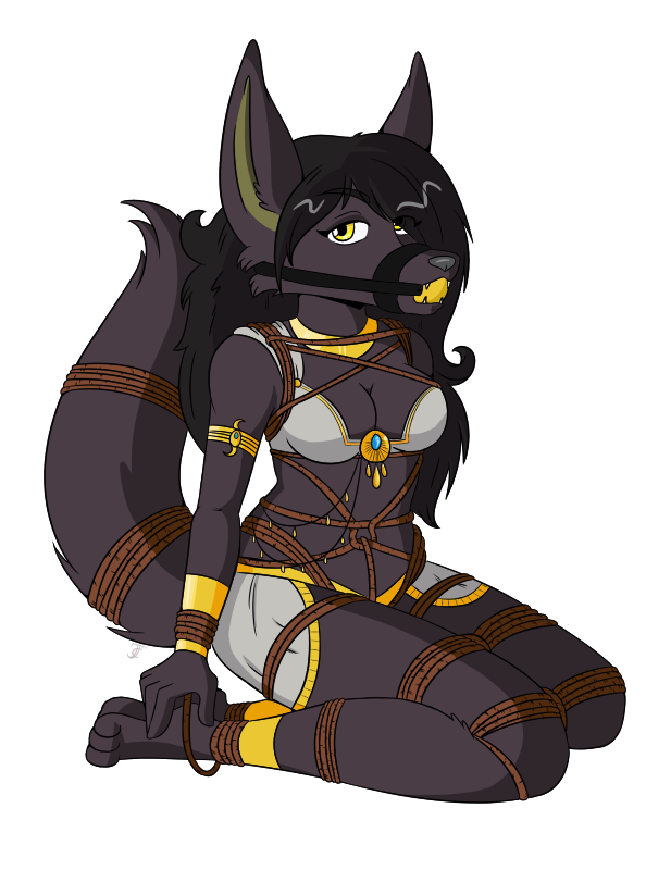 anthro ball_gag bdsm bondage bound canid canine canis clothed clothing digital_media_(artwork) female fur gag gagged hair jackal kneeling long_hair looking_at_viewer mammal pinup pose rope rope_bondage rope_harness sirocco solo tragicfangirl yellow_eyes