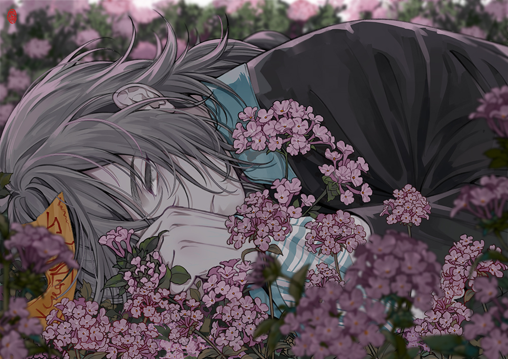 all_male braids close dark flowers gloves gray_eyes gray_hair long_hair male mia0309 ofuda original ponytail