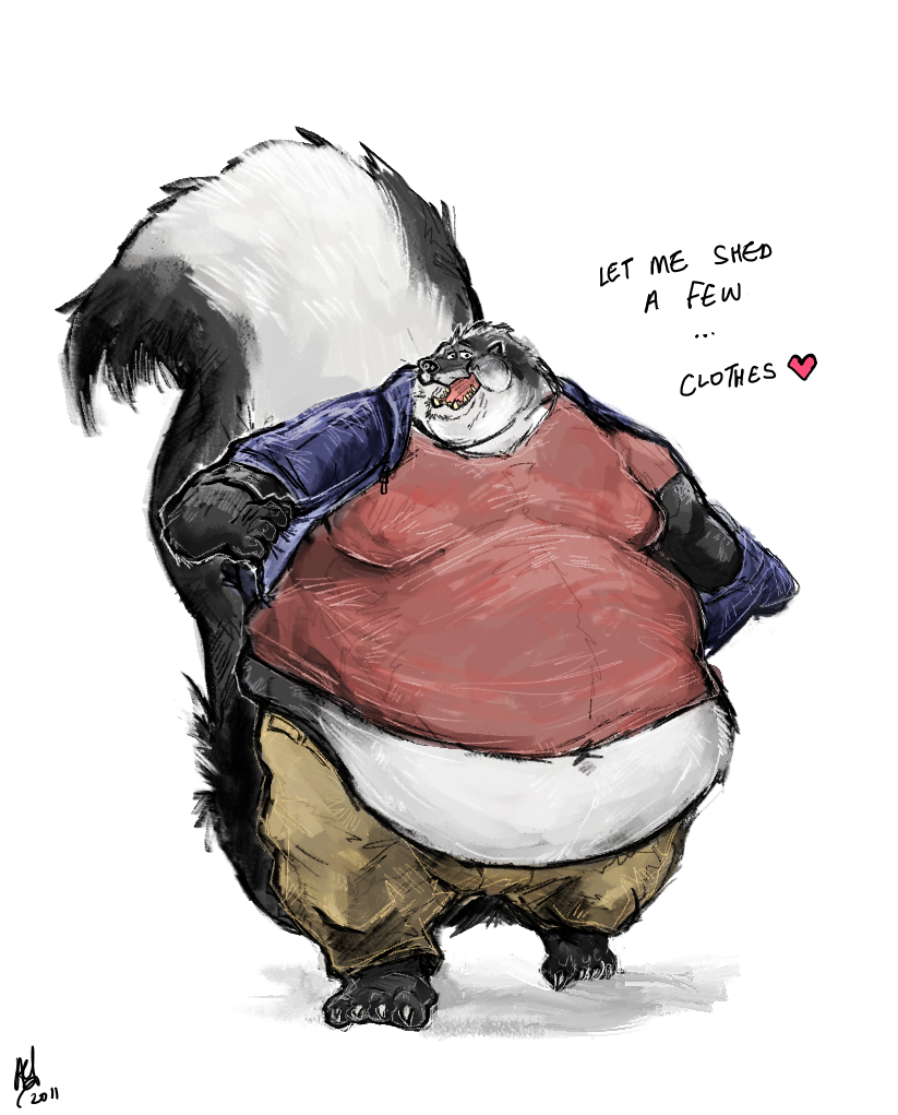 &lt;3 anthro aokmaidu barefoot belly big_belly black_fur chubby_cheeks claws clothed clothing dialogue english_text fur male mammal mephitid midriff moobs navel obese obese_male open_mouth open_smile overweight overweight_male simple_background skunk smile solo striped_skunk text thick_thighs toe_claws undressing walking white_background white_fur