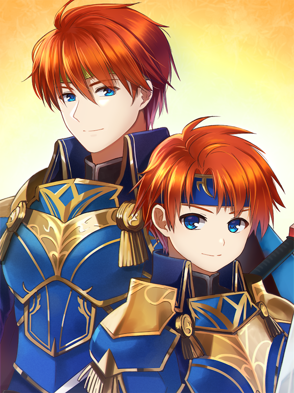 2boys armor blue_eyes cape cosplay durandal_(fire_emblem) eliwood_(fire_emblem) eliwood_(fire_emblem)_(cosplay) father_and_son fire_emblem fire_emblem:_the_binding_blade fire_emblem:_the_blazing_blade fire_emblem_heroes gloves headband looking_at_viewer male_focus multiple_boys potiko_(3110) red_hair roy_(fire_emblem) short_hair simple_background smile