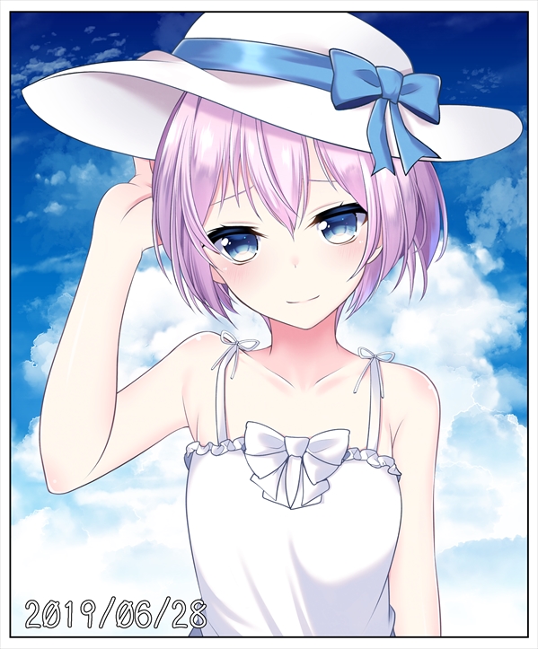 1girl arm_at_side arm_up bangs bare_arms bare_shoulders blue_bow blue_eyes blue_ribbon blush border bow cloud commentary_request dated day dress hand_on_headwear hat hat_bow hat_ribbon hikobae kantai_collection looking_away pink_hair ponytail ribbon shiranui_(kantai_collection) sleeveless sleeveless_dress smile solo sun_hat upper_body white_border white_bow white_dress white_headwear