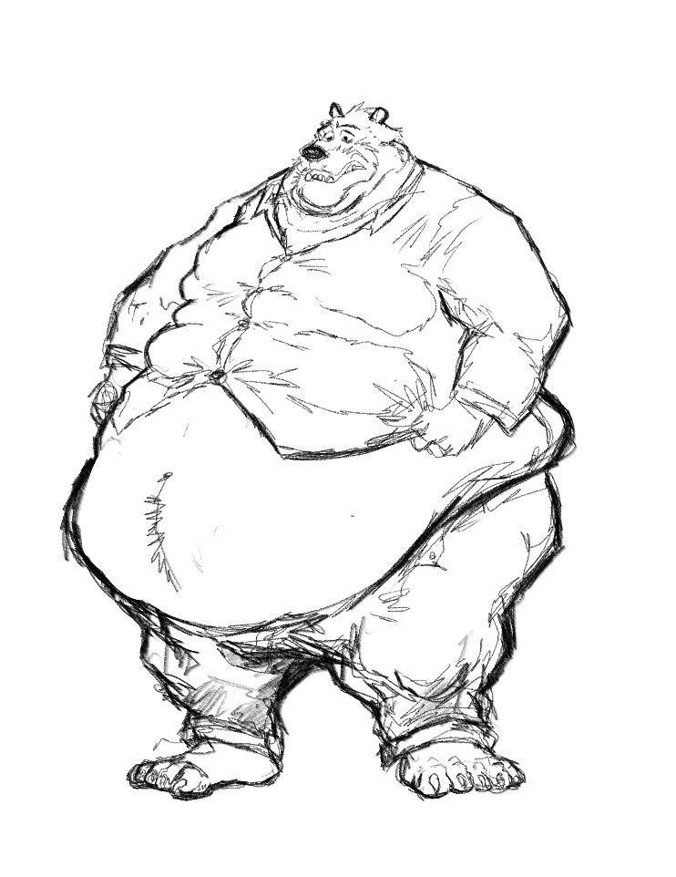 anthro aokmaidu barefoot belly belly_overhang big_belly black_and_white claws clothed clothing fur male mammal midriff monochrome obese obese_male open_mouth overweight overweight_male simple_background solo standing straining_buttons toe_claws ursid ursine white_background