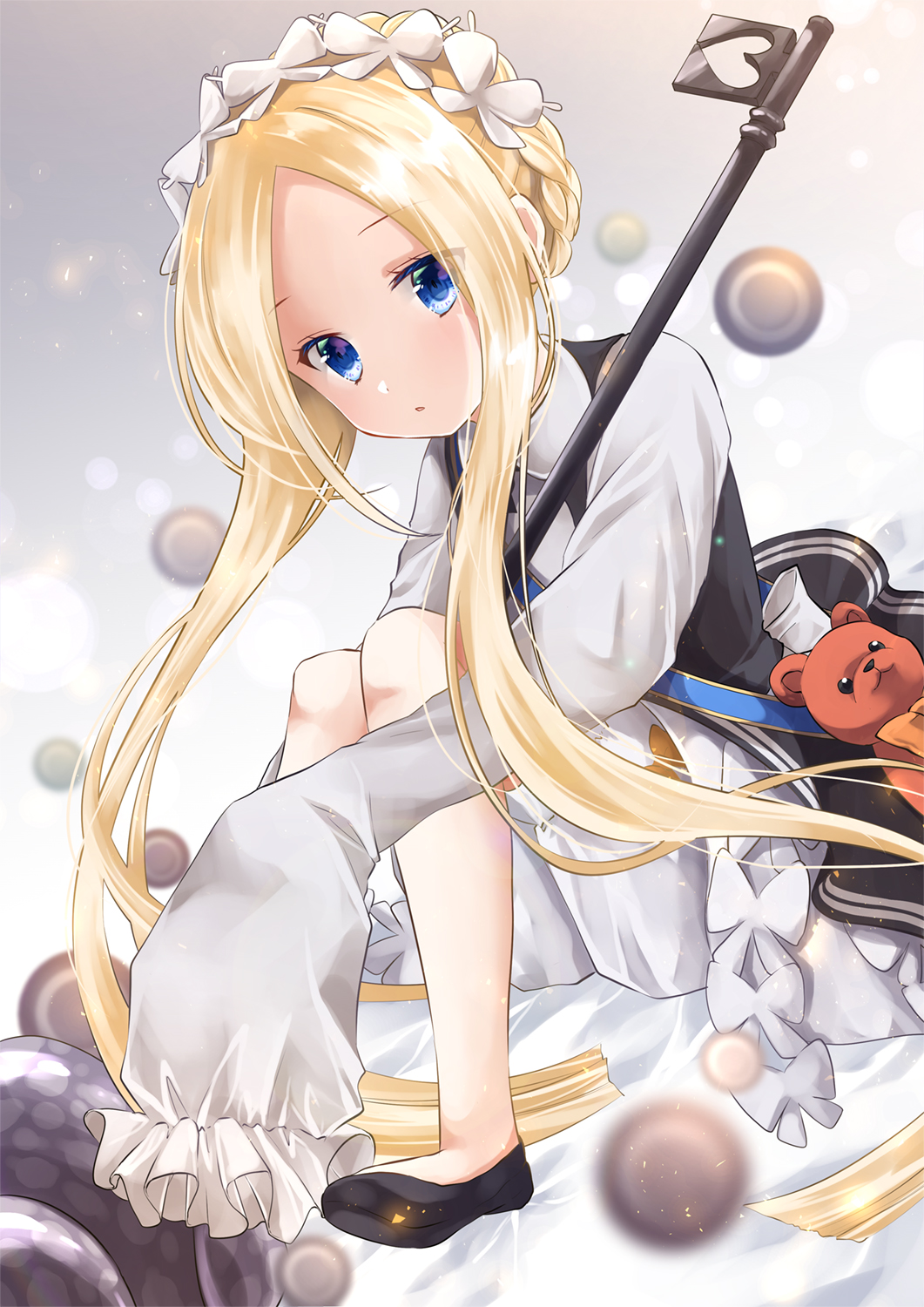 1girl abigail_williams_(fate/grand_order) bangs black_dress black_footwear blonde_hair bloomers blue_eyes blush braid butterfly_hair_ornament collared_dress commentary_request dress fate/grand_order fate_(series) hair_ornament heart heroic_spirit_chaldea_park_outfit highres iroha_(shiki) knees_up long_hair long_sleeves looking_at_viewer parted_bangs parted_lips shirt shoes sidelocks sitting sleeveless sleeveless_dress sleeves_past_fingers sleeves_past_wrists solo stuffed_animal stuffed_toy teddy_bear tentacles underwear very_long_hair white_bloomers white_shirt