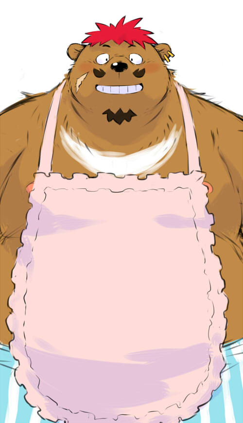 2019 anthro apron belly blush brown_fur clothing fur male mammal moobs nipples overweight overweight_male sessa simple_background solo underwear ursid white_background