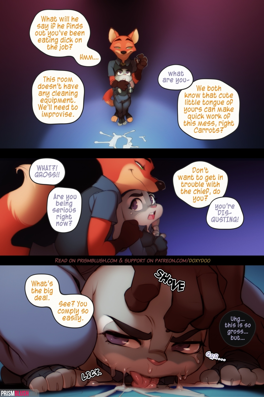 2019 2:3 angry anthro bodily_fluids canid canine clothed clothing comic cum cum_taste dialogue disney domination doxy duo english_text female fox genital_fluids head_grab hi_res judy_hopps kneeling lagomorph larger_male leporid licking male male_domination mammal nick_wilde police_uniform rabbit size_difference smaller_female sound_effects submissive_female text tongue tongue_out uniform zootopia