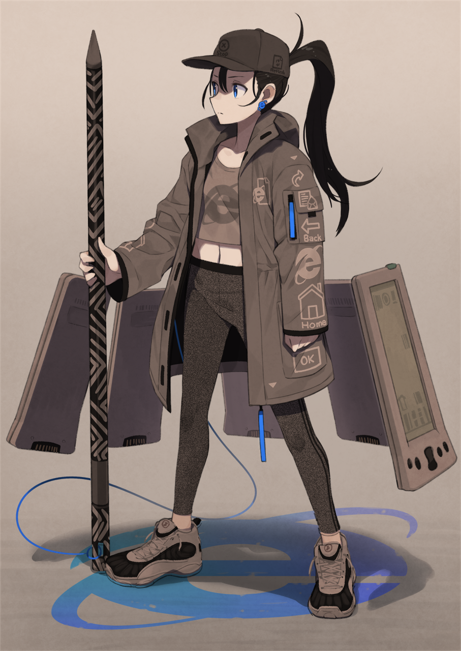 1girl baseball_cap black_hair blue_eyes breasts brown_theme closed_mouth coat collarbone earrings floating floating_object hair_between_eyes hat highres holding holding_stylus internet_explorer jewelry leggings long_hair long_sleeves monochrome navel open_clothes open_coat original pda personification shoes simple_background small_breasts sneakers solo spot_color standing stylus tomioka_jirou