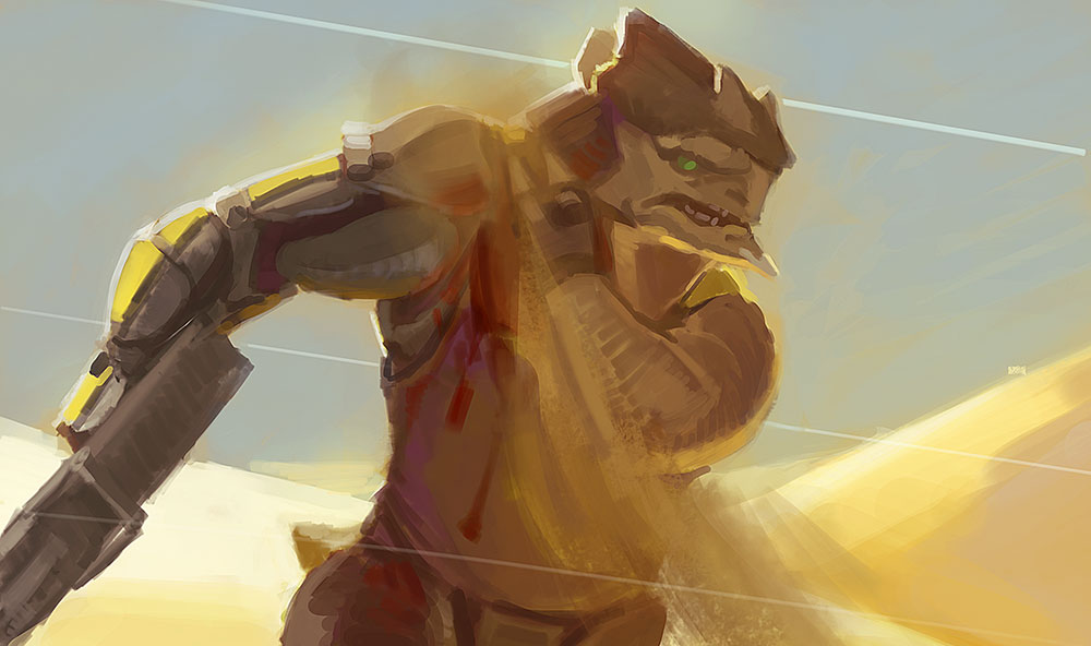 2019 alien anthro armor blood bodily_fluids clothed clothing desert detailed_background digital_media_(artwork) digital_painting_(artwork) front_view green_eyes holding_object holding_weapon krogan male malorne mass_effect mass_effect_andromeda nakmor_drack outside sand sky solo standing teeth video_games weapon wounded