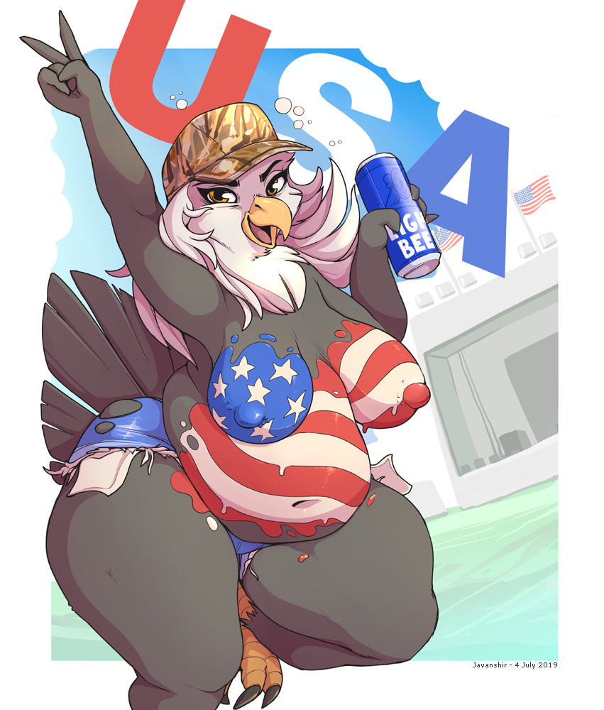 4th_of_july accipitrid accipitriform alcohol anthro avian bald_eagle beer beverage bird breasts eagle female garuda_six javanshir miss_america non-mammal_breasts overweight overweight_female sea_eagle solo united_states_of_america