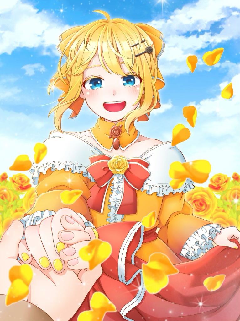 1girl :d aku_no_musume_(vocaloid) blonde_hair blue_eyes blue_sky blurry blush bow capelet choker cloud collarbone colored_eyelashes depth_of_field dress dress_grab evillious_nendaiki flower frilled_sleeves frills hair_bow hair_ornament hairclip holding_hand jewelry juliet_sleeves kagamine_rin kokura_(6131228) long_sleeves looking_at_viewer open_mouth petals pov pov_hands puffy_sleeves riliane_lucifen_d'autriche rose rose_hair_ornament rose_petals sidelocks skirt_hold sky smile solo_focus sparkle vocaloid wide_sleeves yellow_dress yellow_flower yellow_nails yellow_rose
