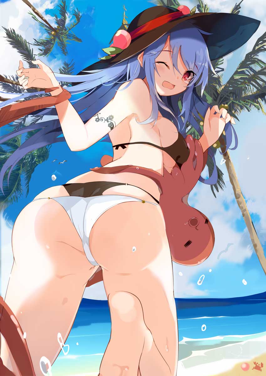 1girl ass bangs bare_arms bare_legs bare_shoulders barefoot beach bikini black_bikini black_headwear blue_hair blue_sky breasts cloud commentary_request cowboy_shot crab day eyebrows_visible_through_hair food from_behind fruit hair_between_eyes highres hinanawi_tenshi large_breasts layered_bikini leaf long_hair looking_at_viewer looking_back ocean octopus one_eye_closed open_mouth outdoors palm_tree peach red_eyes sidelocks sky solo swimsuit tears tetsurou_(fe+) thighs touhou tree twisted_torso water_drop white_bikini_bottom