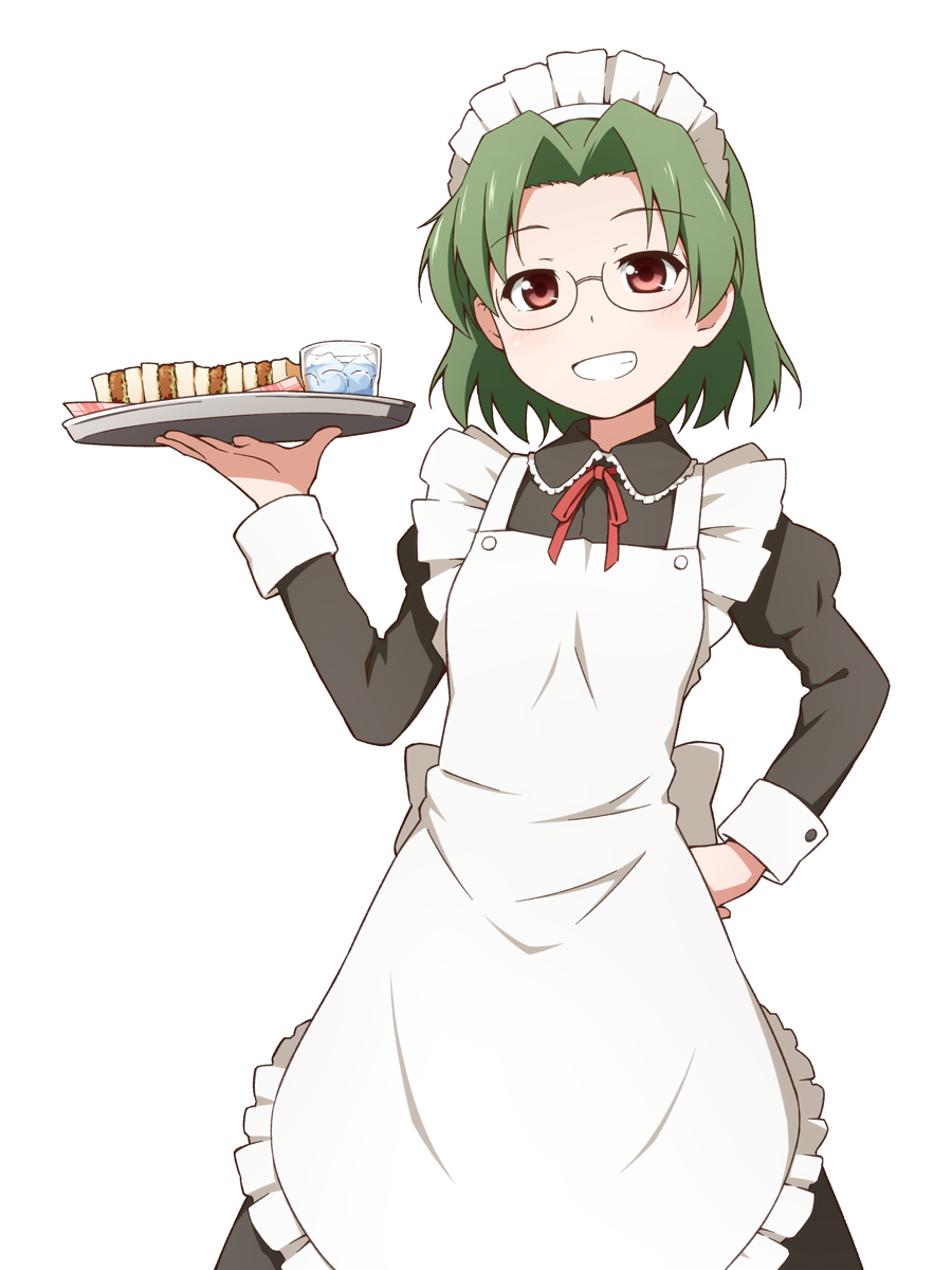 1girl apron blush brown_eyes cuff_links cup dress drinking_glass food frilled_apron frills glasses green_hair hair_intakes hand_on_hip highres holding holding_tray long_sleeves looking_at_viewer maid maid_apron maid_headdress mashita_(candy_apricot) napkin ribbon saki sandwich short_hair simple_background smug solo someya_mako tray waist_apron water wavy_hair white_background