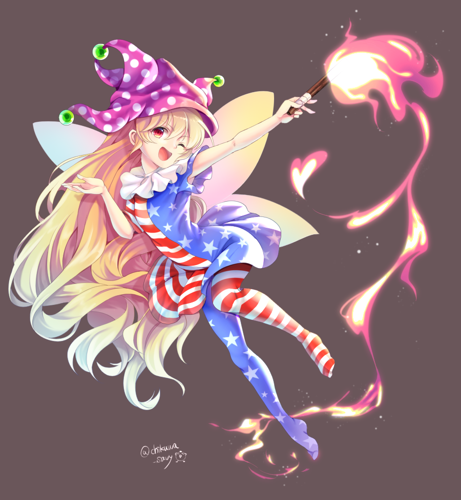 1girl ;d american_flag_dress american_flag_legwear arm_up artist_name bangs blonde_hair blue_dress blue_legwear chikuwa_savi clownpiece commentary_request dress eyebrows_visible_through_hair fairy_wings full_body grey_background hair_between_eyes hand_up hat head_tilt heart holding holding_torch jester_cap long_hair looking_at_viewer neck_ruff no_shoes one_eye_closed open_mouth pantyhose polka_dot polka_dot_hat purple_headwear red_dress red_eyes red_legwear short_dress short_sleeves simple_background smile solo star star_print striped striped_dress striped_legwear torch touhou twitter_username very_long_hair white_dress white_legwear wings