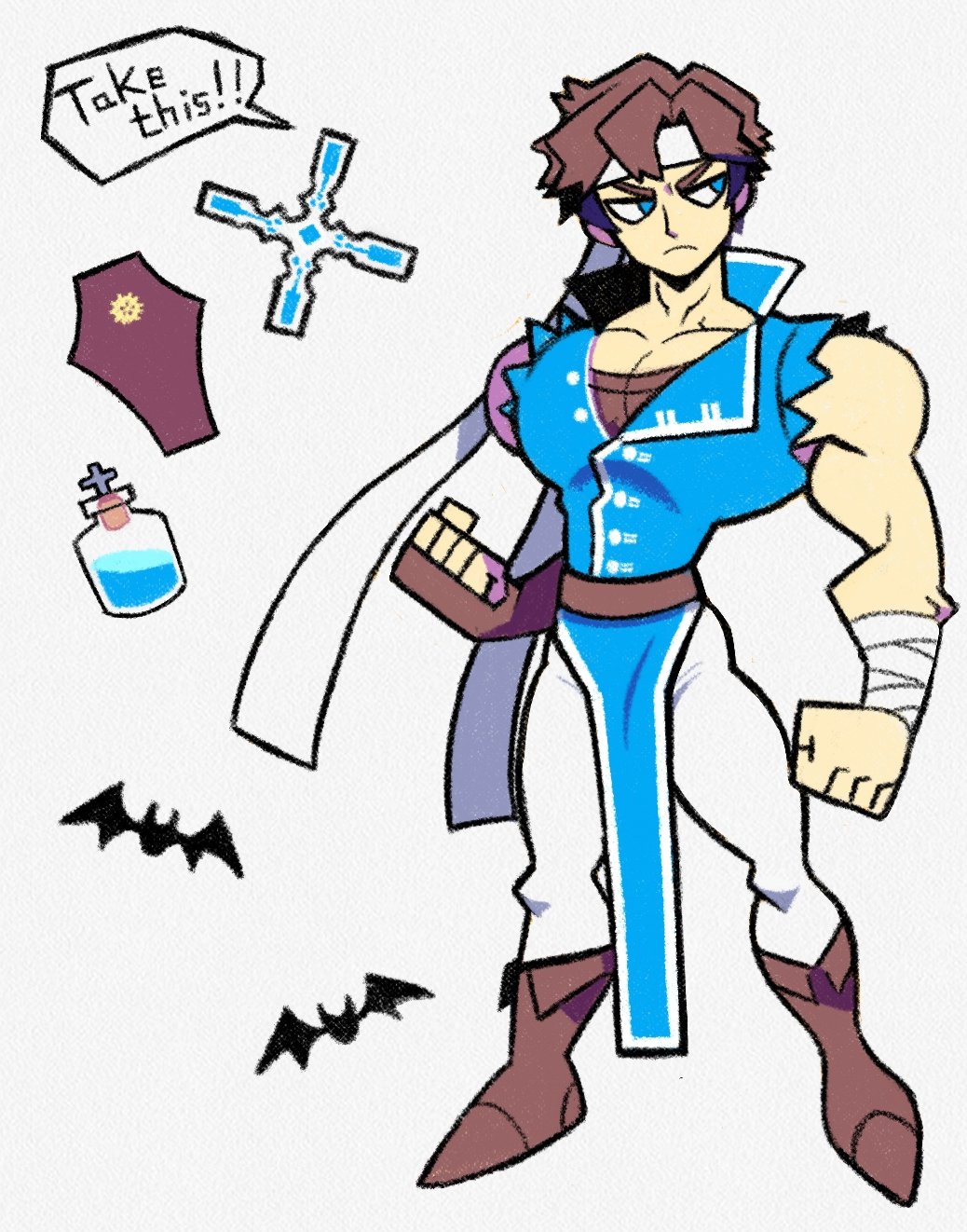 1boy angry bandages bat bat_wings biceps blue_eyes boots brown_hair castlevania castlevania:_rondo_of_blood clenched_hand clothed clothing coffin cross denaseey eyebrows fingerless_gloves hair headband holy_water konami male male_focus muscles muscular muscular_male open_clothes pants pose richter_belmondo sleeveless speech_bubble text undershirt video_games